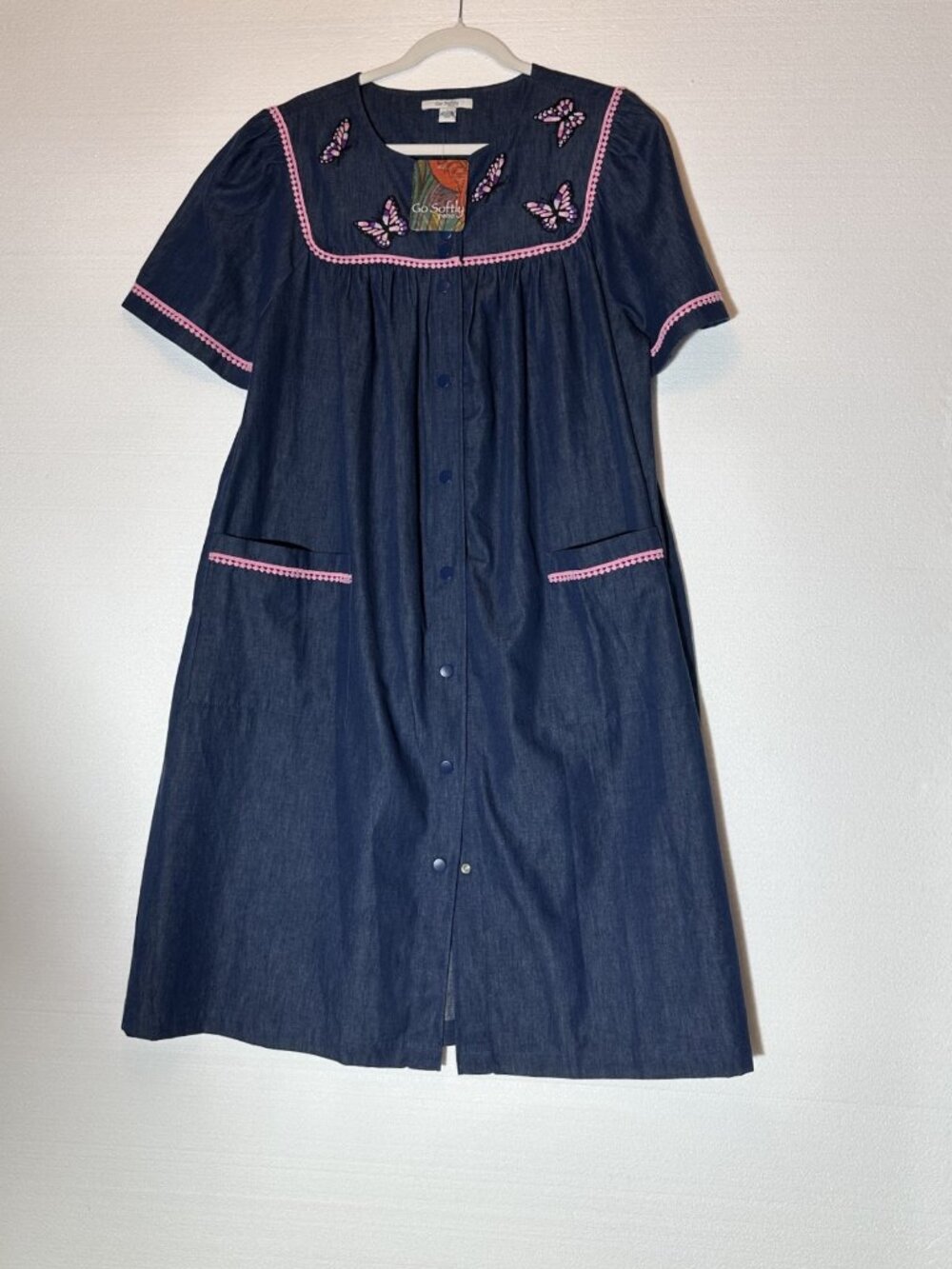 Go Softly NEW Cotton Chambray Patio House Dress L Embroidered Butterfly